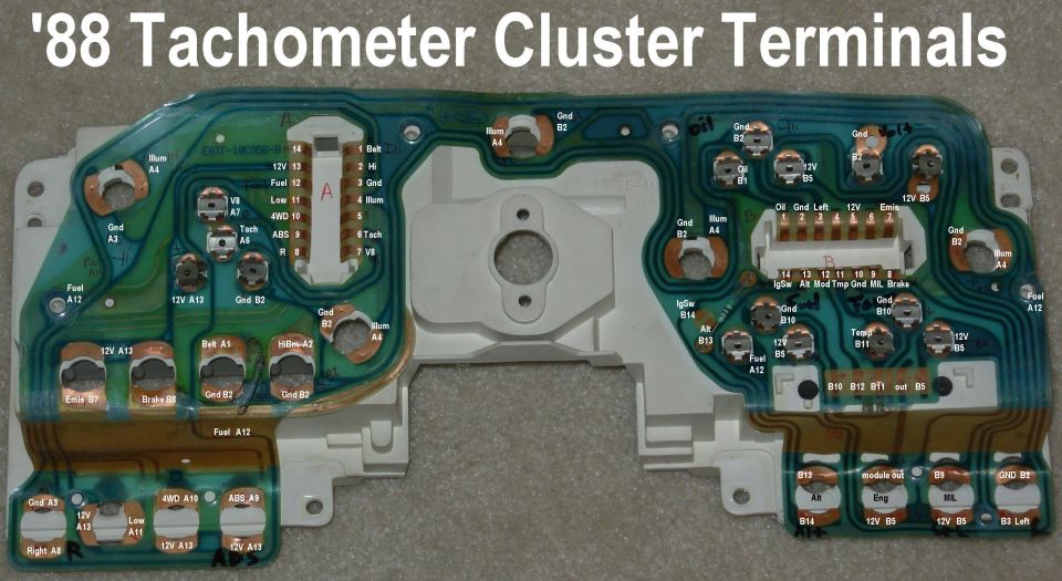 '88 tachometer cluster printed circuit terminals labeled diagram