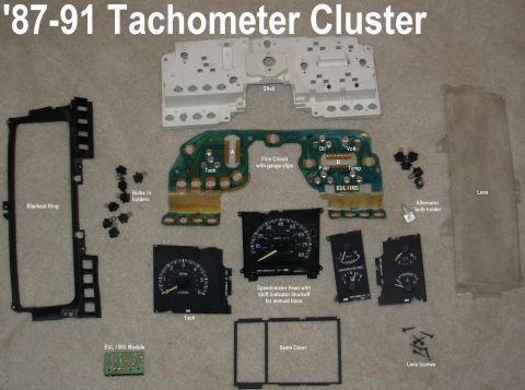1983 Ford Bronco - '87-91 Tach Cluster Parts IF THE IMAGE IS TOO SMALL, click it. The '87-91 cluster is built very much like the '92-96, which makes it much e…