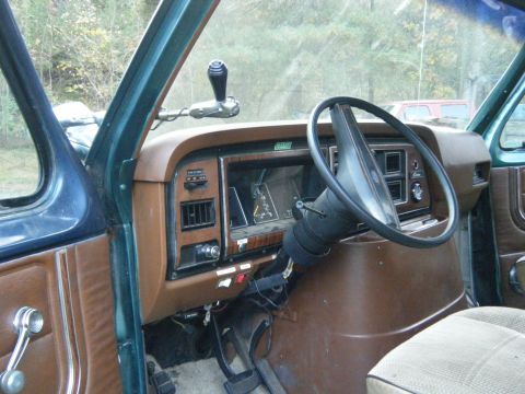 1981 Ford E350 - The interior of a van shows a brown dashboard and steering wheel, with a floor shifter.
