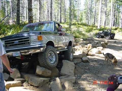 1989 Ford Bronco - Ford Bronco tackling a challenging off-road trail with a Jeep and dog nearby.
