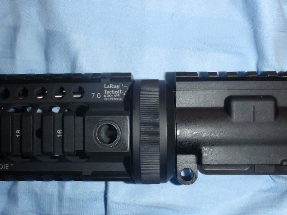Black firearm rail system with LaRue Tactical 7.0 markings and patent pending
