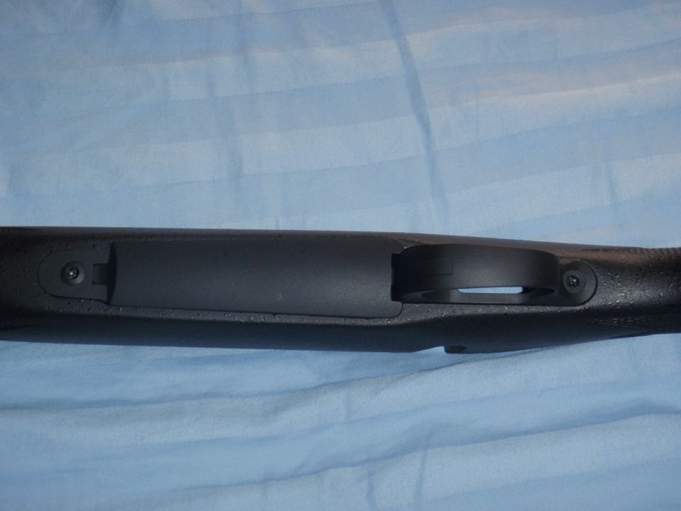 close-up of a black rifle stock showing the trigger guard area