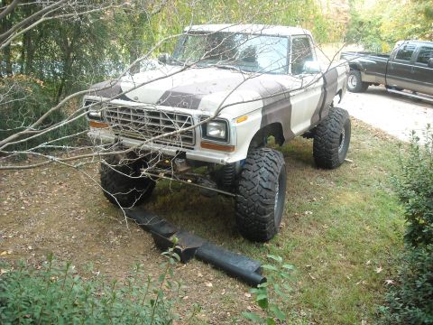 1979 Ford F-150 - A lifted 1979 Ford F-150 with a camouflage paint scheme sits parked on a grassy area, partially obscured by tree branches.