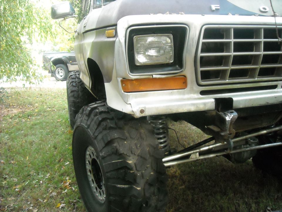 1979 Ford F-150 front quarter view with large tires and lifted suspension