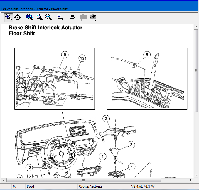 Ford Crown Victoria brake shift interlock actuator floor shift diagram