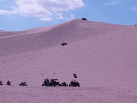 1982 Ford Bronco - Various off-road vehicles are seen traversing sand dunes on a sunny day.