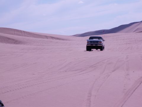 1982 Ford Bronco - A blue pickup truck navigates sandy terrain under a hazy sky, with the Supermotors.net logo in the corner.
