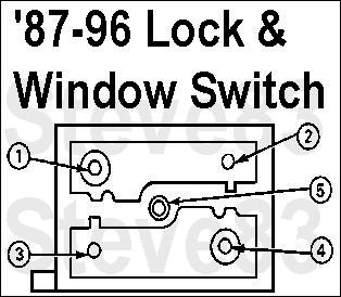 1983 Ford Bronco - '87-96 Door Lock & Window Switch Pin 1 is Normally Closed (NC) to pin 2. Pin 4 is Normally Closed (NC) to pin 3. When the rocker is depress…