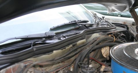 1976 Ford Ranchero - Close-up along the rear of an open engine bay looking toward the windshield, showing the black rubber hood-to-cowl seal, wiper arm and cowl…