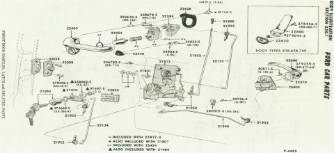 1972 Ford Ranchero - Exploded parts illustration of Ford front door handles, latches and lock components with part numbers.