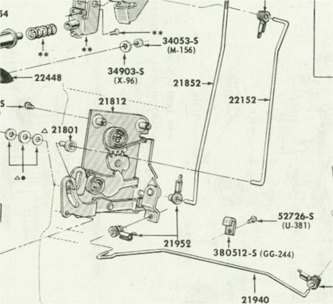 1972 Ford Ranchero - Exploded parts breakdown of a Ford door latch, control rods and retaining clips with numbered components.