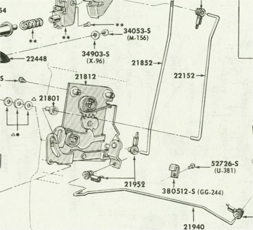 Exploded diagram of Ford door latch mechanism, rods and clips with part numbers