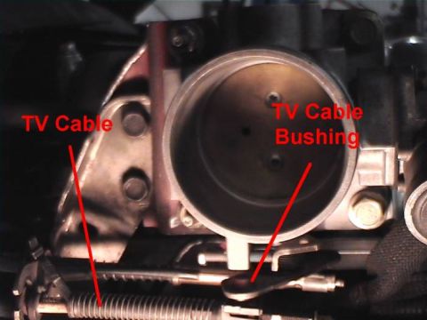 1993 Ford Mustang - Close-up view of a throttle body, highlighting the TV cable and its bushing with red annotations.