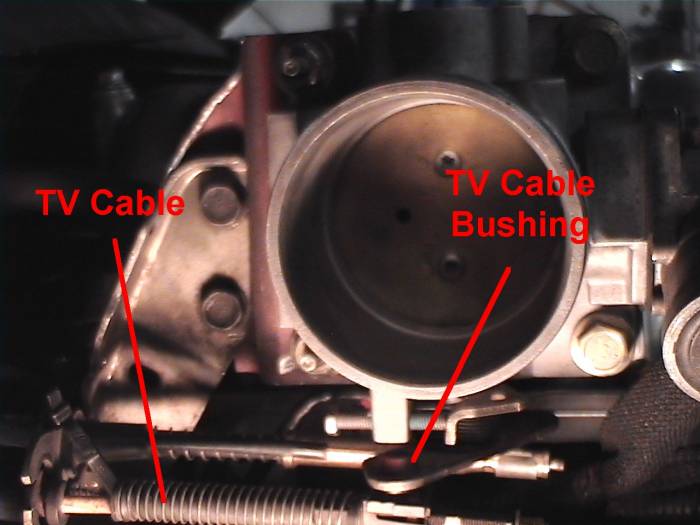 Throttle body interior with red text labels 'TV Cable' and 'TV Cable Bushing' pointing to components