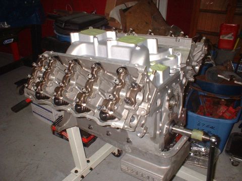 1965 Shelby Cobra - This V8 engine is on a stand, ready for assembly or repair. The intake manifold and valve train components are clearly visible.