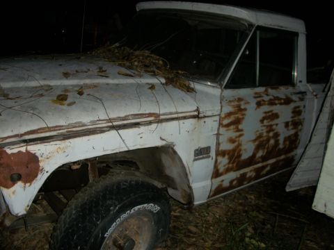 1976 Jeep J-10 - This weathered pickup truck sits outdoors, covered in leaves and showing significant rust.