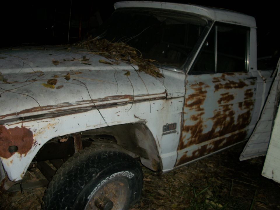 old white pickup truck with rust and leaves on hood