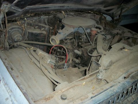 1976 Jeep J-10 - The engine bay of a dusty vehicle shows a V8 engine with various hoses and components covered in grime.