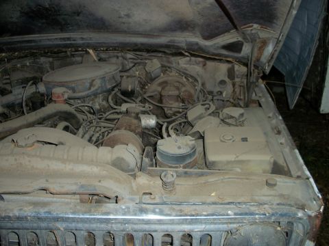 1976 Jeep J-10 - The engine bay of a 1976 Jeep J-10 shows a V8 engine covered in dust, with the hood open.