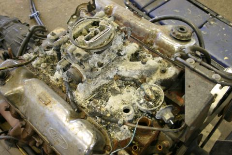 1973 Ford Ranchero - Ford V8 engine showing significant corrosion and wear, likely in need of rebuild.