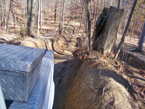 1987 Ford F-250 - A truck navigates a narrow dirt path with a large tree stump to the right.