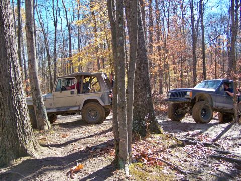 1987 Ford F-250 - Two modified Jeeps navigate a wooded trail during an off-road excursion.