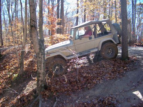 1987 Ford F-250 - A Jeep Wrangler navigates a leaf-covered trail in a wooded area.