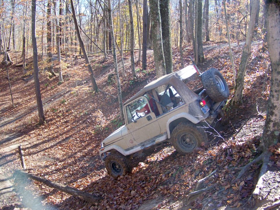 Tan Jeep Wrangler climbing a wooded trail with fallen leaves
