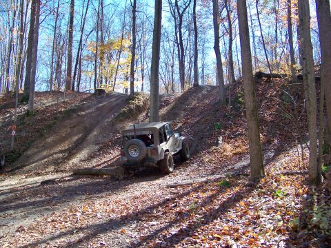 1987 Ford F-250 - An off-road vehicle navigates a dirt path through a forest with fallen leaves.