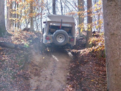 1987 Ford F-250 - A Jeep Wrangler navigates an off-road trail surrounded by autumn foliage.
