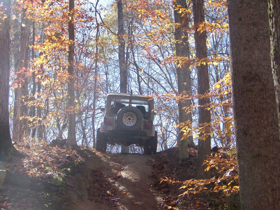 Rear view of a Jeep Wrangler climbing a dirt trail in autumn woods