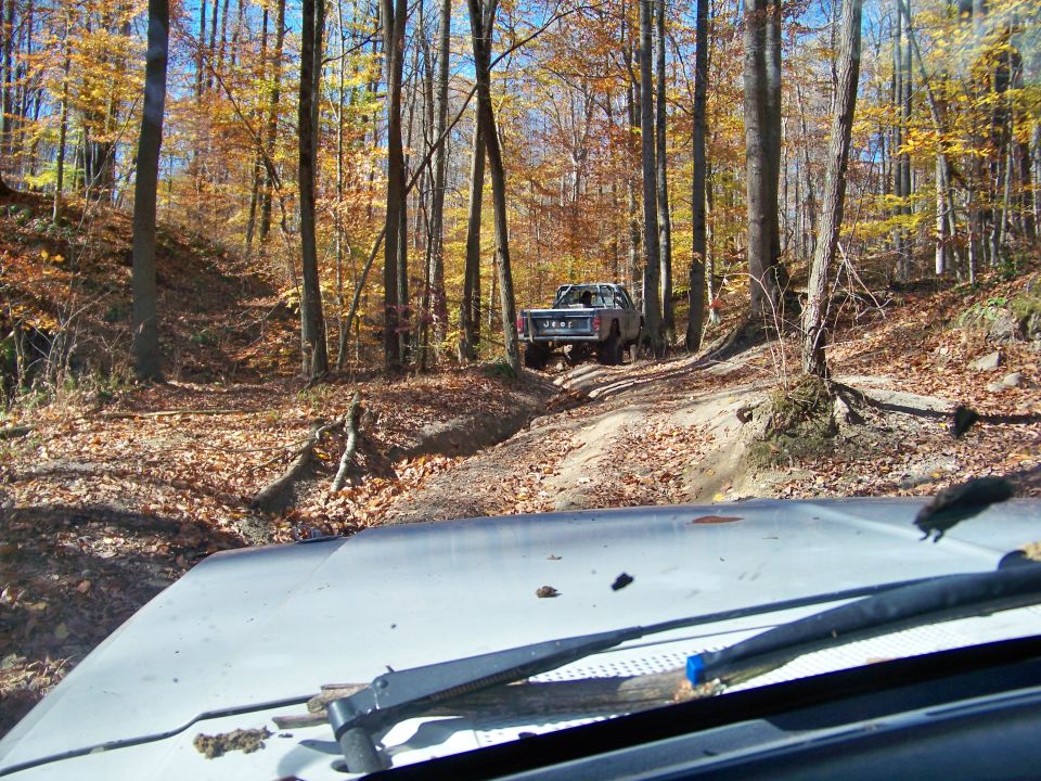 Gray Jeep pickup truck on a dirt trail in an autumn forest