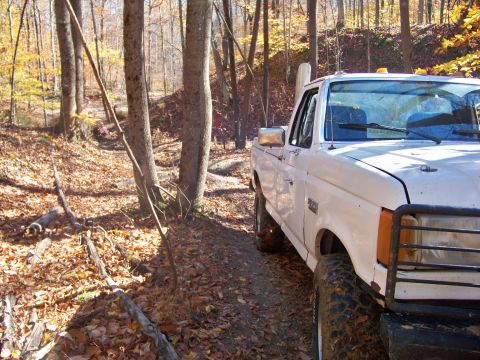 1987 Ford F-250 - A white pickup truck navigates a narrow dirt path through a forest during autumn.