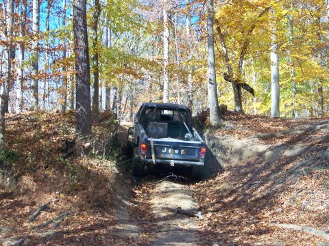 1987 Ford F-250 - A Jeep pickup navigates a wooded trail during the fall season.