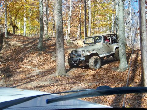 1987 Ford F-250 - A Jeep Wrangler navigates a wooded trail during autumn, kicking up leaves.
