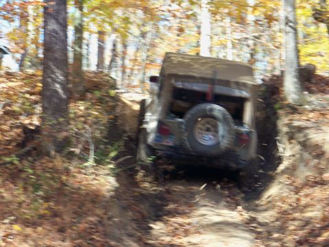 1987 Ford F-250 - A Jeep Wrangler navigates a steep, wooded trail during an off-road excursion.