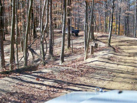 1987 Ford F-250 - Two trucks are parked on a dirt path surrounded by trees in a wooded area during the fall.