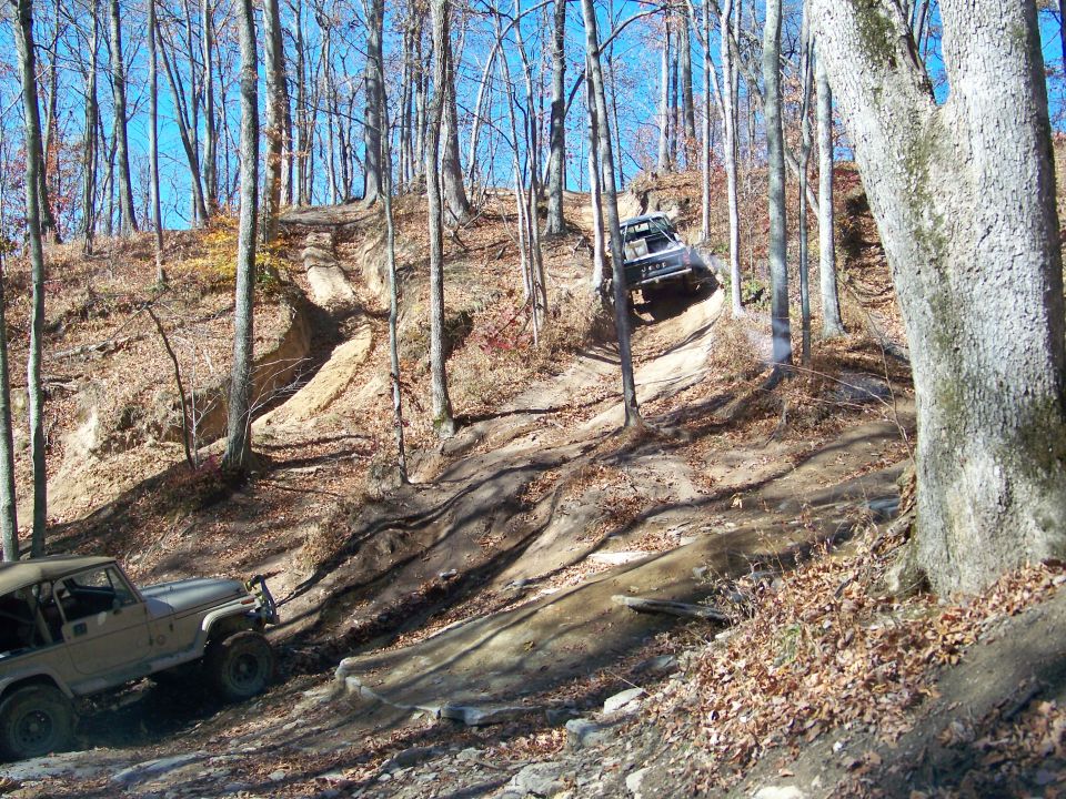 Two off-road vehicles navigate a steep, wooded trail with fallen leaves
