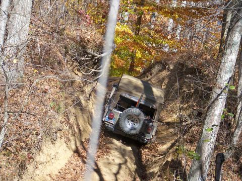 1987 Ford F-250 - A Jeep Wrangler navigates a steep, wooded trail during an off-road excursion.