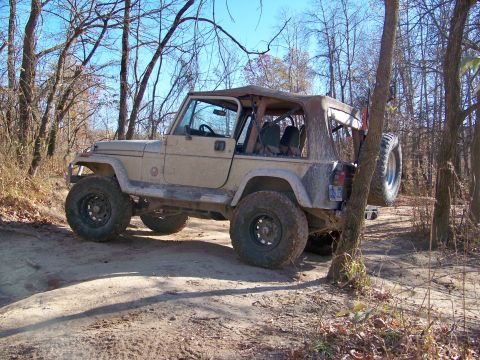 1987 Ford F-250 - A tan Jeep Wrangler navigates a dirt trail through a wooded area on a sunny day.