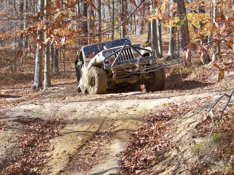 1987 Ford F-250 - This off-road vehicle appears to be stuck in the mud while navigating a wooded trail during an autumn outing.