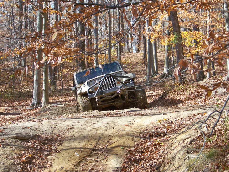Jeep Wrangler tilted on a dirt trail in a wooded area with fall foliage