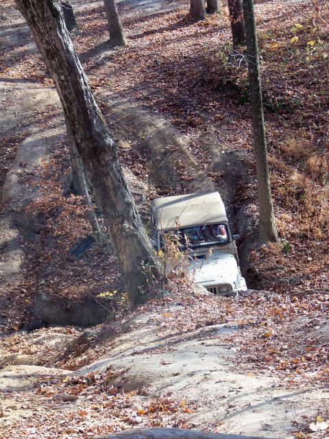 1987 Ford F-250 - A Jeep Wrangler tackles a challenging off-road trail in a forest during autumn.