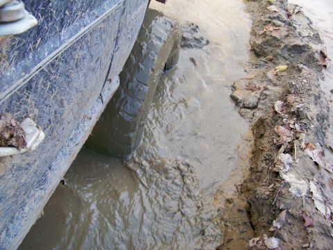 1987 Ford F-250 - A vehicle navigates through a muddy, watery terrain, with its tire deep in the muck.