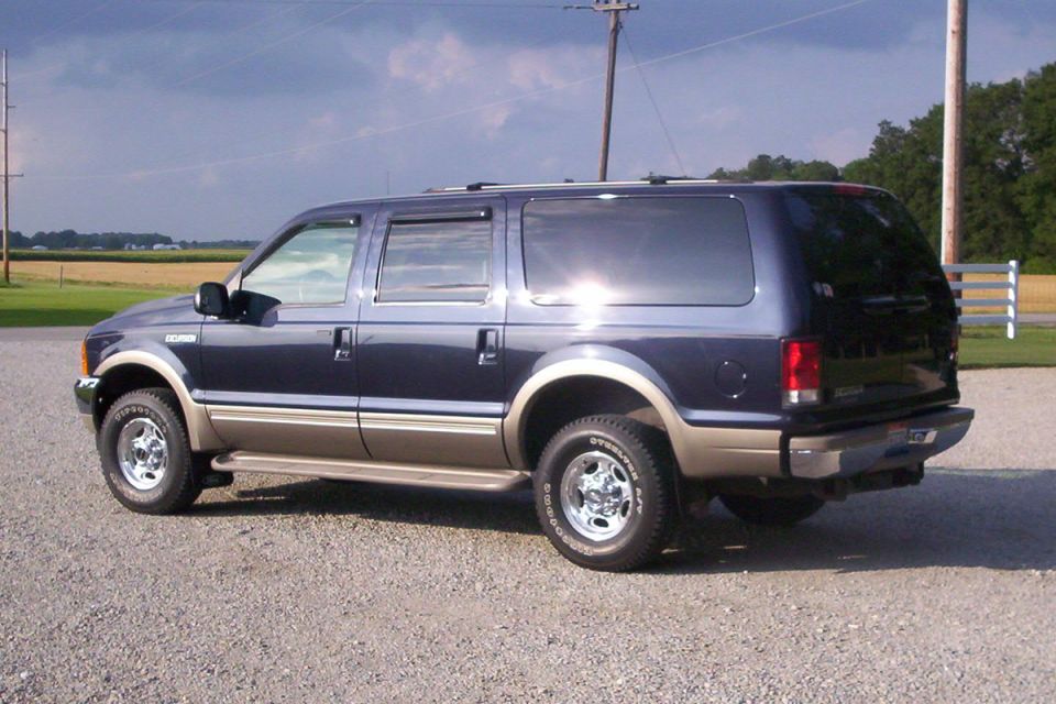 Dark blue Ford Excursion SUV with tan lower trim, rear three-quarter view, parked on gravel