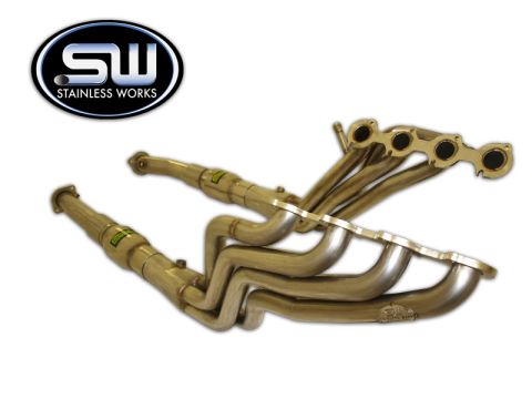 1998 Ford Crown Victoria - A studio product photo of a set of Stainless Works long-tube stainless steel exhaust headers on a white background, showing the bolt-on fla…