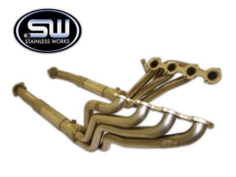 1998 Ford Crown Victoria - Product photo of a Stainless Works long-tube header kit on white, including the four-into-one headers with O2-bung flanges plus the matchin…