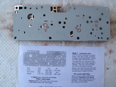1995 Ford Bronco - Calibration plate and diagram for transmission adjustment, with instructions for different engine types.