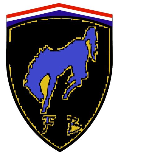 1988 Ford Bronco - This emblem features a blue horse and the letters 'FB' on a black shield with red, white, and blue stripes at the top.