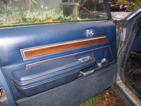1991 Ford LTD Crown Victoria - Interior view of a blue door panel wood trim and chrome hardware, likely from an older sedan.